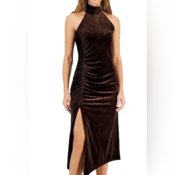 Taylor Dresses Halter Side Slit Chocolate Brown Velvet Gown - Picture 1 of 13